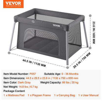 VEVOR Baby Travel Crib and Play Yard, Folding Baby Playpen with Zipper Gate & Soft Mattress, Portable Toddler Crib with Breathable Mesh, Travel Bag, Indoor/Outdoor Kids Activity Center for 0-36 Months - BXSYXC4331ING7SKNV0 - view 8