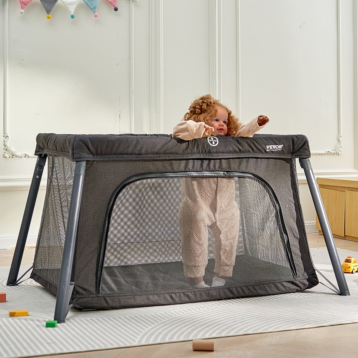 VEVOR Baby Travel Crib and Play Yard, Folding Baby Playpen with Zipper Gate & Soft Mattress, Portable Toddler Crib with Breathable Mesh, Travel Bag, Indoor/Outdoor Kids Activity Center for 0-36 Months - BXSYXC4331ING7SKNV0 - view 9