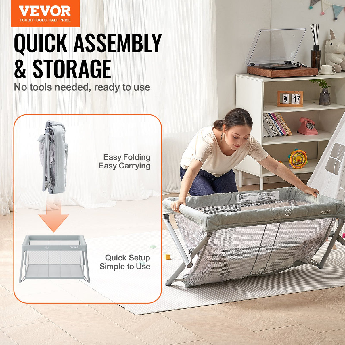 VEVOR Baby Travel Crib and Play Yard, Folding Baby Playpen with Soft Mattress Pad, Portable Toddlers Crib with Breathable Mesh and Travel Bag, Indoor/Outdoor Kid Activity Center for 0-36 Months Babies - BXSYXC4424INLEQTHV0 - view 3