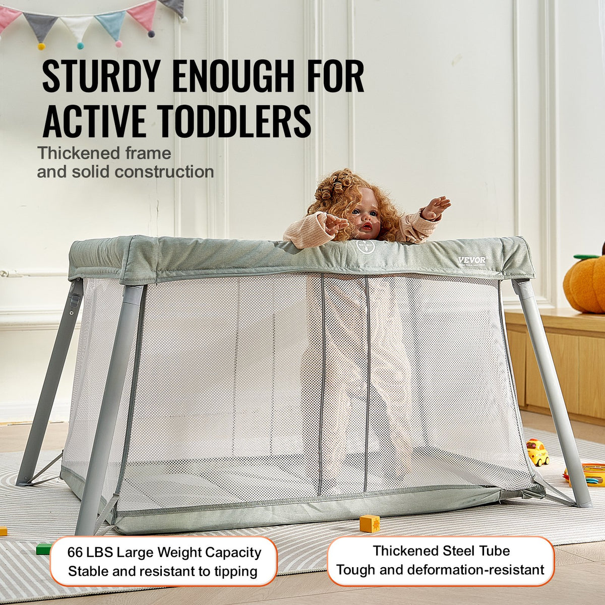 VEVOR Baby Travel Crib and Play Yard, Folding Baby Playpen with Soft Mattress Pad, Portable Toddlers Crib with Breathable Mesh and Travel Bag, Indoor/Outdoor Kid Activity Center for 0-36 Months Babies - BXSYXC4424INLEQTHV0 - view 5
