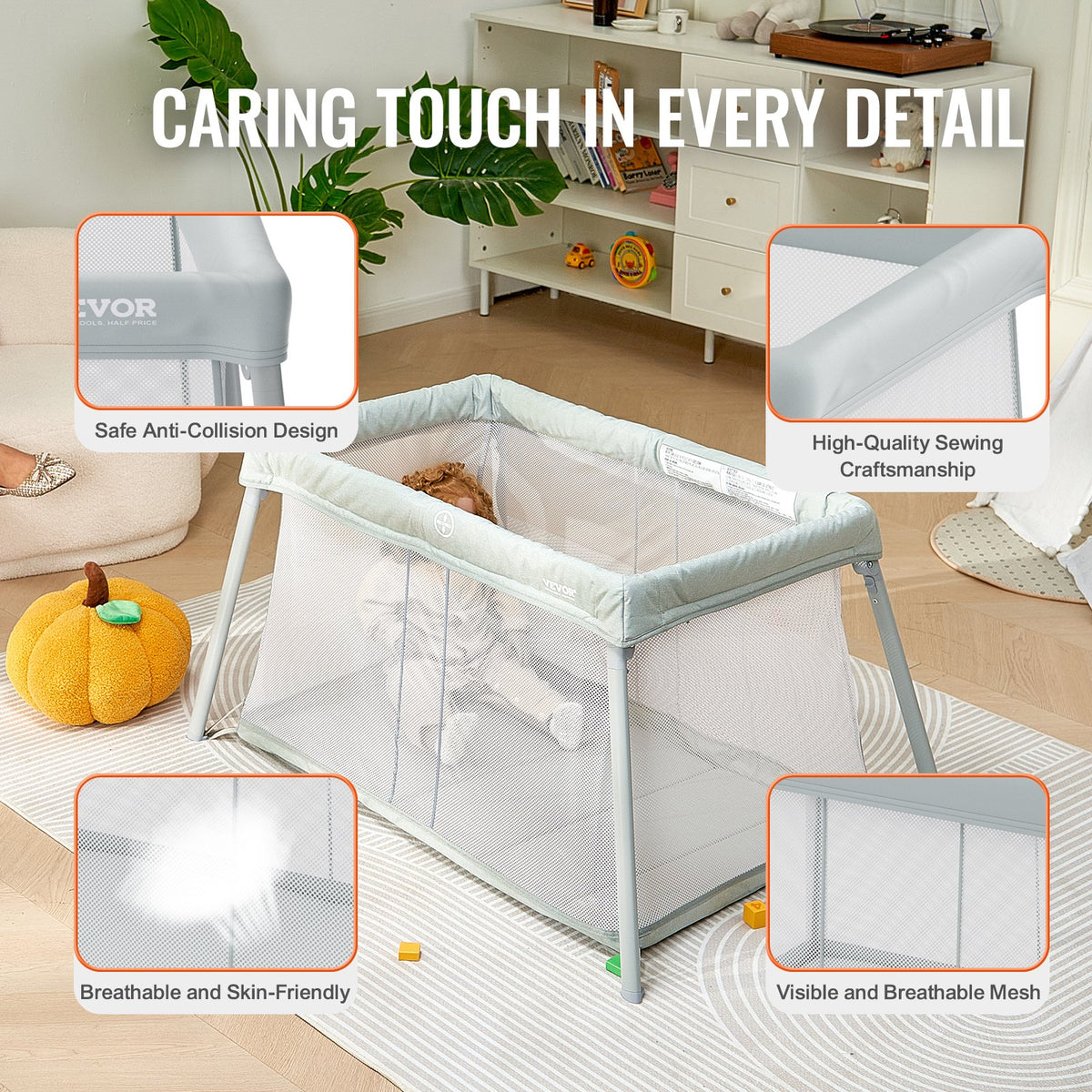 VEVOR Baby Travel Crib and Play Yard, Folding Baby Playpen with Soft Mattress Pad, Portable Toddlers Crib with Breathable Mesh and Travel Bag, Indoor/Outdoor Kid Activity Center for 0-36 Months Babies - BXSYXC4424INLEQTHV0 - view 6