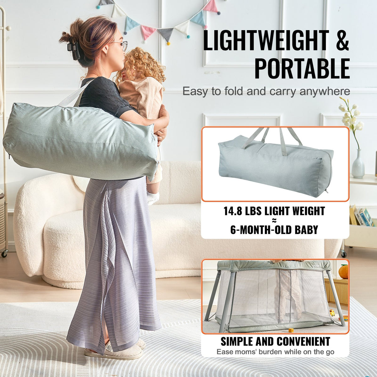 VEVOR Baby Travel Crib and Play Yard, Folding Baby Playpen with Soft Mattress Pad, Portable Toddlers Crib with Breathable Mesh and Travel Bag, Indoor/Outdoor Kid Activity Center for 0-36 Months Babies - BXSYXC4424INLEQTHV0 - view 7