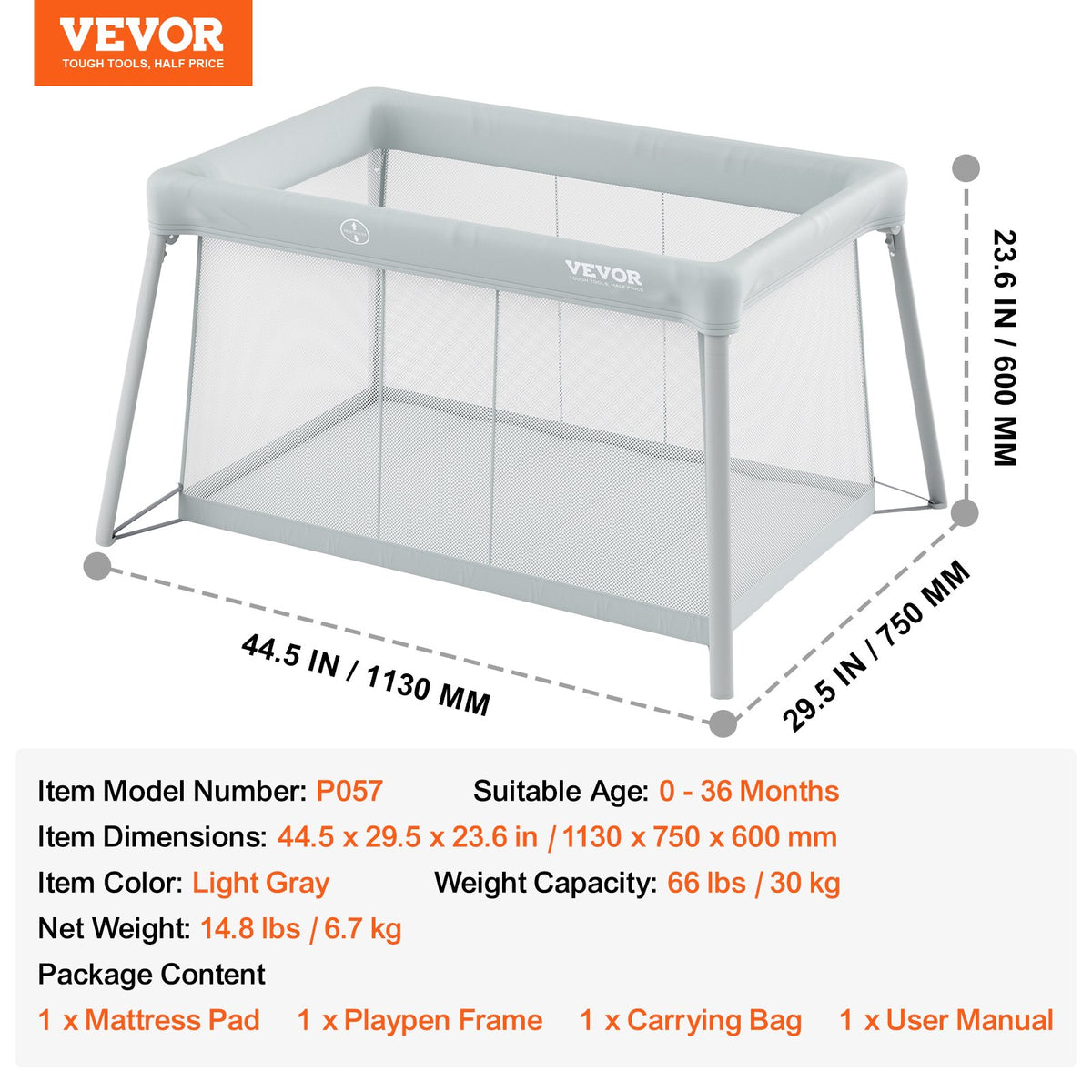 VEVOR Baby Travel Crib and Play Yard, Folding Baby Playpen with Soft Mattress Pad, Portable Toddlers Crib with Breathable Mesh and Travel Bag, Indoor/Outdoor Kid Activity Center for 0-36 Months Babies - BXSYXC4424INLEQTHV0 - view 8