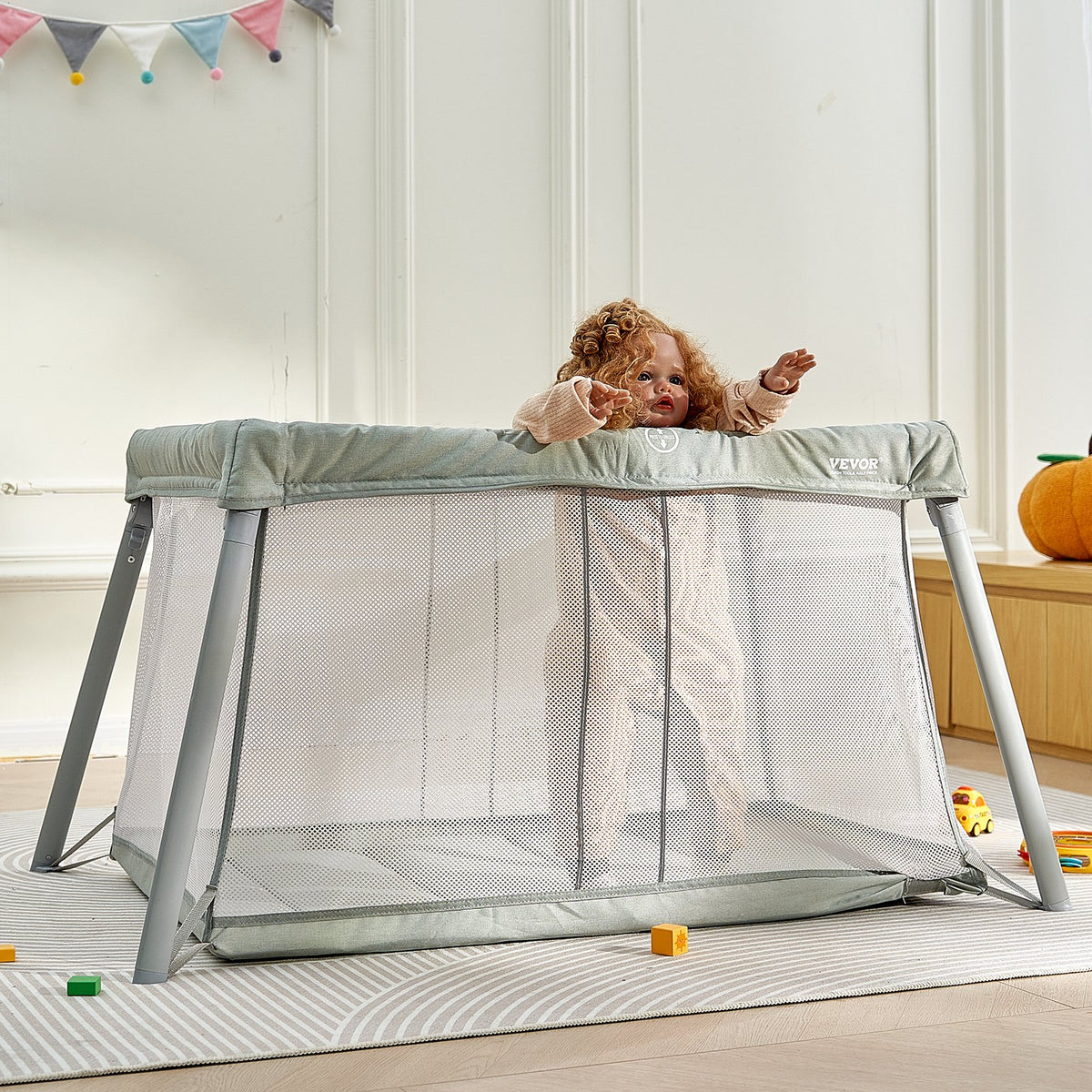 VEVOR Baby Travel Crib and Play Yard, Folding Baby Playpen with Soft Mattress Pad, Portable Toddlers Crib with Breathable Mesh and Travel Bag, Indoor/Outdoor Kid Activity Center for 0-36 Months Babies - BXSYXC4424INLEQTHV0 - view 9