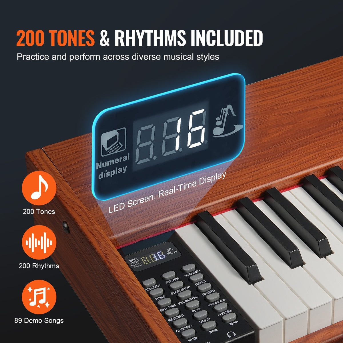 VEVOR Weighted Digital Piano, 88 Key Fully Weighted Keys, Electric Piano Dual Keyboard & Speakers Four Legged Piano Stand with Headphone 200 Tones & Rhythms, Support Bluetooth/USB/MIDI, for Beginners - BXSZCGQ88JSJ8KKBKV1 - view 5