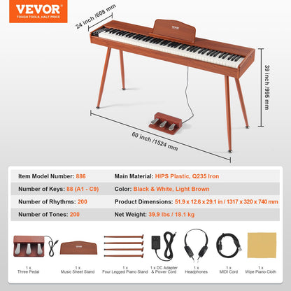 VEVOR Weighted Digital Piano, 88 Key Fully Weighted Keys, Electric Piano Dual Keyboard & Speakers Four Legged Piano Stand with Headphone 200 Tones & Rhythms, Support Bluetooth/USB/MIDI, for Beginners - BXSZCGQ88JSJ8KKBKV1 - view 8