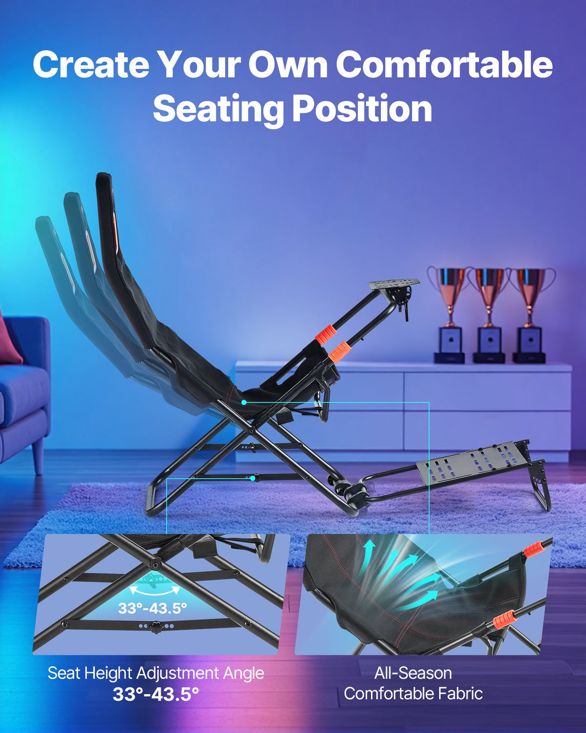VEVOR Portable Racing Wheel Stand, Foldable & Adjustable Steering Sim Wheel Stand, 18.5 in Seat Inner Width, Compatible with Logitech G923/G920/G29, Thrustmaster T248P, Fanatec, Hori, Mad Catz, Black - BXSZCLYYSXHKARTGU001V0 - view 6