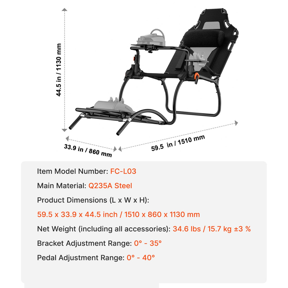 VEVOR Racing Wheel Stand Foldable For Logitech G923/G920/G29, Steering Wheel Stand & Foot Pedal Angle Adjustable,Portable Steel Driving Simulator Cockpit-Thrustmaster T248P, Fanatec, Hori, Compact - BXSZCXHKZDXK1980IV0 - view 8