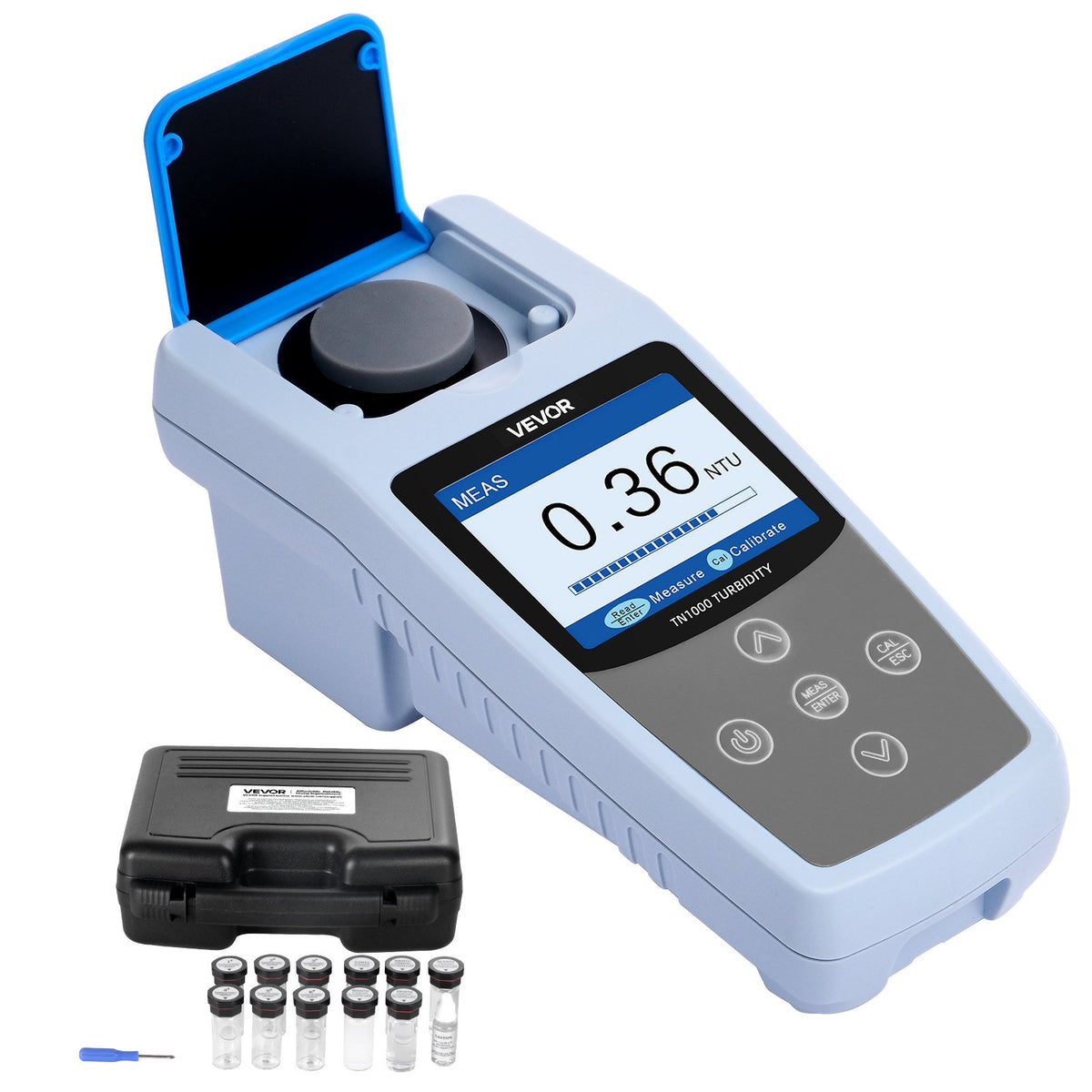 VEVOR Turbidity Meter, 0–1000 NTU Measuring Range, ISO 7027 Compliant, Portable Red Light Turbidimeter, Quick Reading, with Calibration Solutions, Sample Vials, and Carry Case, for Field and Plant - BXSZDJHG0100JMZ4J001V9 - view 1