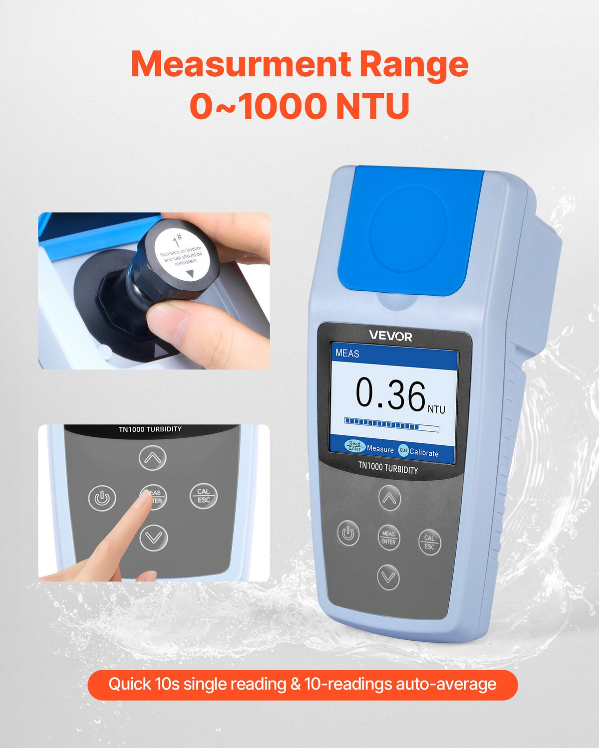VEVOR Turbidity Meter, 0–1000 NTU Measuring Range, ISO 7027 Compliant, Portable Red Light Turbidimeter, Quick Reading, with Calibration Solutions, Sample Vials, and Carry Case, for Field and Plant - BXSZDJHG0100JMZ4J001V9 - view 4
