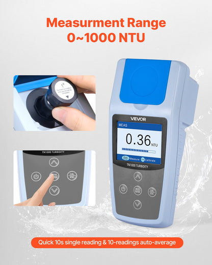 VEVOR Turbidity Meter, 0–1000 NTU Measuring Range, ISO 7027 Compliant, Portable Red Light Turbidimeter, Quick Reading, with Calibration Solutions, Sample Vials, and Carry Case, for Field and Plant - BXSZDJHG0100JMZ4J001V9 - view 4