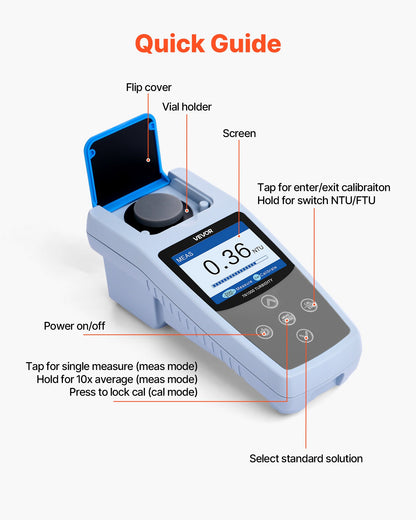 VEVOR Turbidity Meter, 0–1000 NTU Measuring Range, ISO 7027 Compliant, Portable Red Light Turbidimeter, Quick Reading, with Calibration Solutions, Sample Vials, and Carry Case, for Field and Plant - BXSZDJHG0100JMZ4J001V9 - view 7