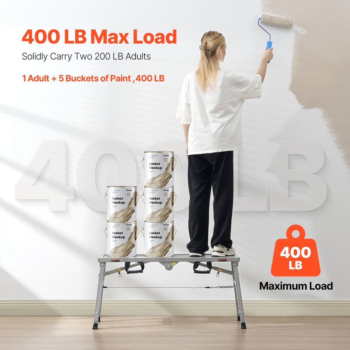 VEVOR Work Platform, 3 Gear Adjustable Height, Folding Alloy Steel Step Ladder, Portable Scaffolding Platform, 400 lb Load Capacity, Non-Slip Rubber Feet, Drywall Painting Stool, for Cleaning &Washing - BXSZDJSJZJ458V32EV0 - view 4