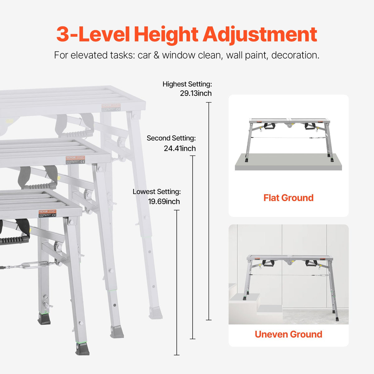 VEVOR Work Platform, 3 Gear Adjustable Height, Folding Alloy Steel Step Ladder, Portable Scaffolding Platform, 400 lb Load Capacity, Non-Slip Rubber Feet, Drywall Painting Stool, for Cleaning &Washing - BXSZDJSJZJ458V32EV0 - view 5