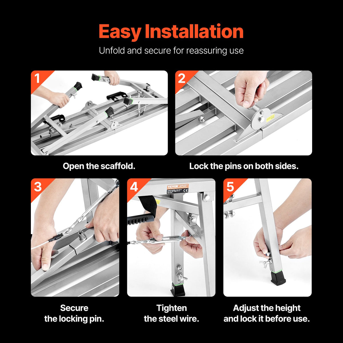 VEVOR Work Platform, 3 Gear Adjustable Height, Folding Alloy Steel Step Ladder, Portable Scaffolding Platform, 400 lb Load Capacity, Non-Slip Rubber Feet, Drywall Painting Stool, for Cleaning &Washing - BXSZDJSJZJ458V32EV0 - view 7