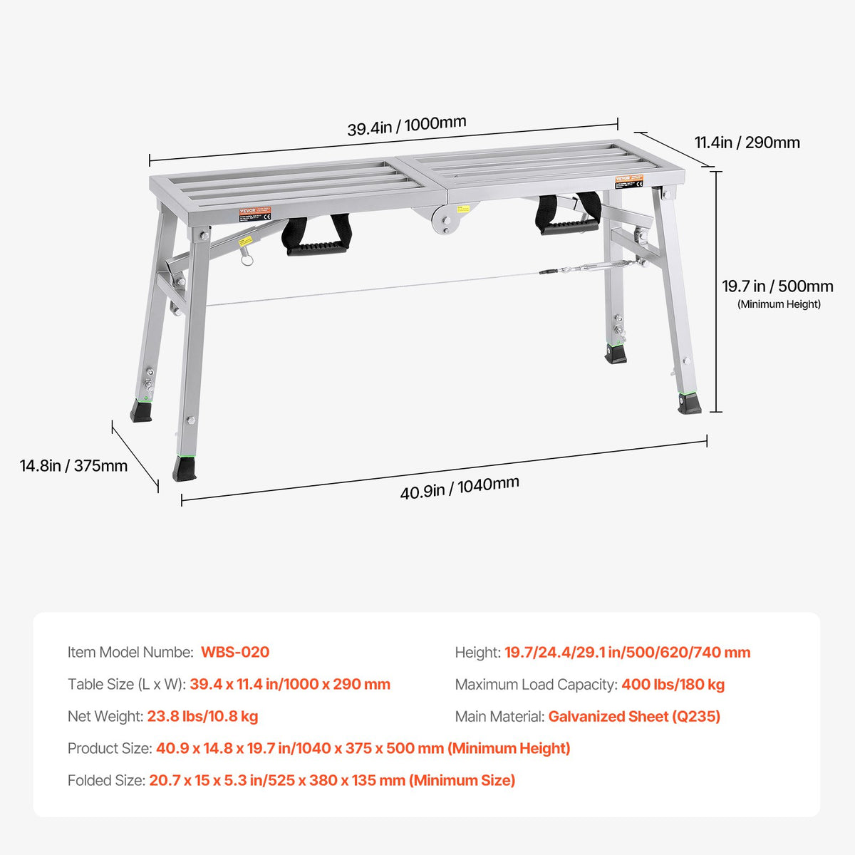 VEVOR Work Platform, 3 Gear Adjustable Height, Folding Alloy Steel Step Ladder, Portable Scaffolding Platform, 400 lb Load Capacity, Non-Slip Rubber Feet, Drywall Painting Stool, for Cleaning &Washing - BXSZDJSJZJ458V32EV0 - view 8