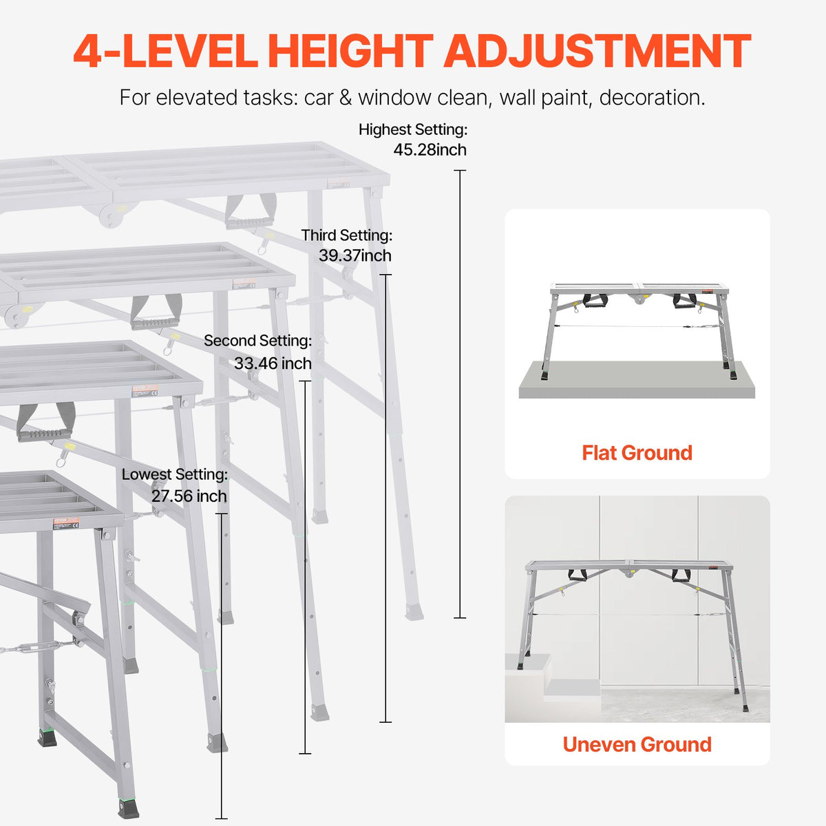 VEVOR Work Platform, 4 Gear Adjustable Height, Folding Alloy Steel Step Ladder, Portable Scaffolding Platform, 800 lb Load Capacity, Non-Slip Rubber Feet, Drywall Painting Stool, Cleaning & Washing - BXSZDJSJZJ70P2WE1V0 - view 5