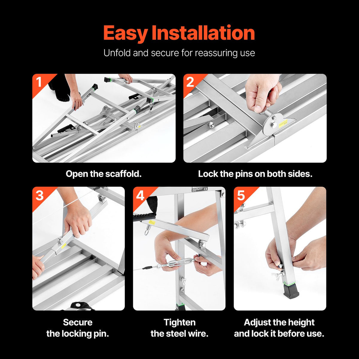 VEVOR Work Platform, 4 Gear Adjustable Height, Folding Alloy Steel Step Ladder, Portable Scaffolding Platform, 880 lb Load Capacity, Non-Slip Rubber Feet, Drywall Painting Stool, Cleaning & Washing - BXSZDJSJZJ90H7CSCV0 - view 7