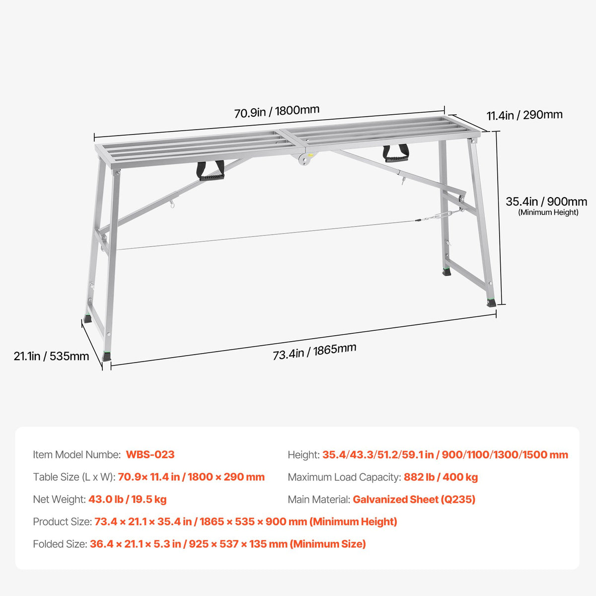 VEVOR Work Platform, 4 Gear Adjustable Height, Folding Alloy Steel Step Ladder, Portable Scaffolding Platform, 880 lb Load Capacity, Non-Slip Rubber Feet, Drywall Painting Stool, Cleaning & Washing - BXSZDJSJZJ90H7CSCV0 - view 8