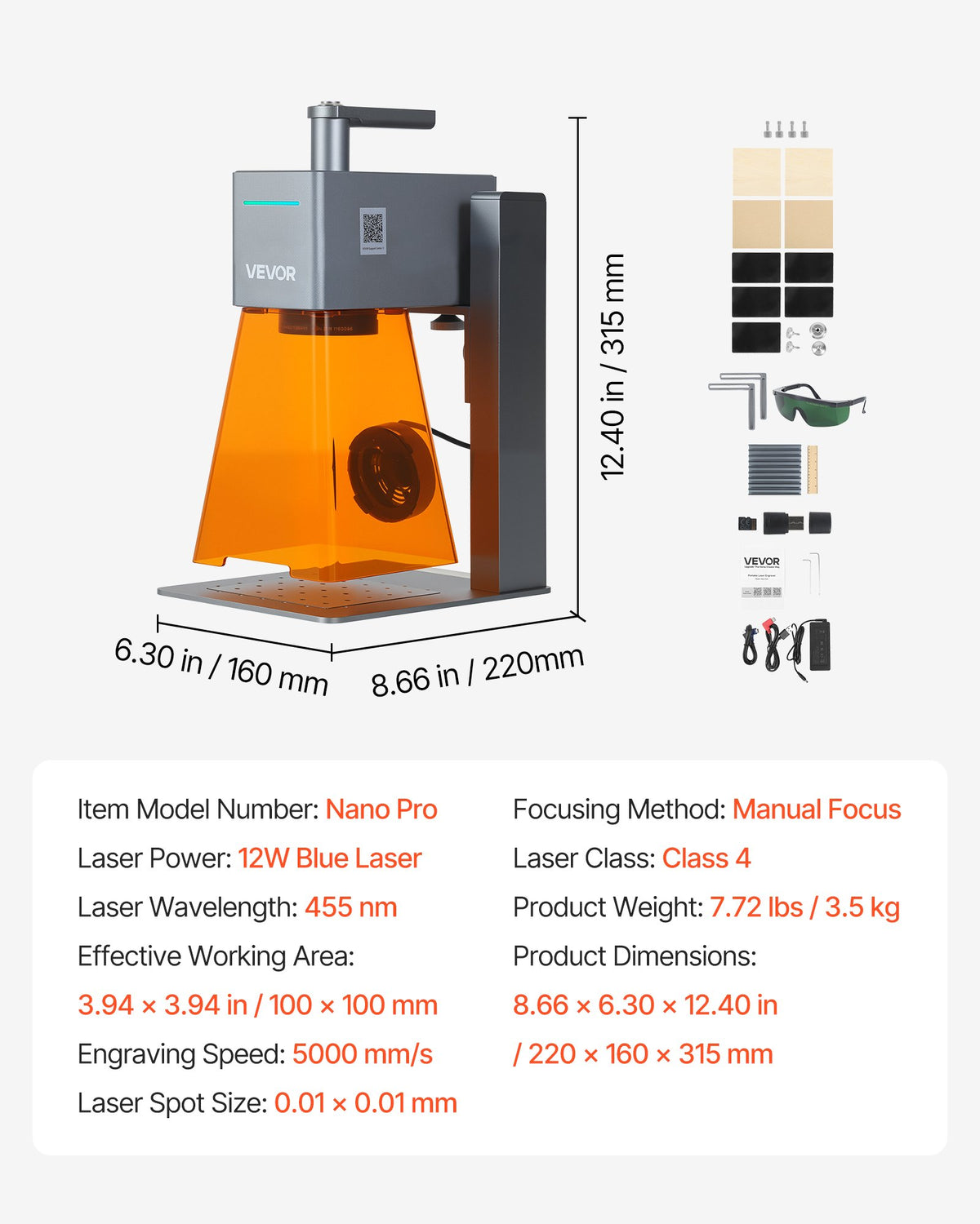VEVOR Portable Laser Engraver, 5000 mm/s High Speed, 12W Handheld Blue Laser Engraver and Cutter, Engraving Precision 0.01 x 0.01 mm, DIY Engraving Tool, for Wood, Acrylic, Leather, Cloth, Class 4 - BXSZJJGDKJLGJFIYT001V1 - view 8