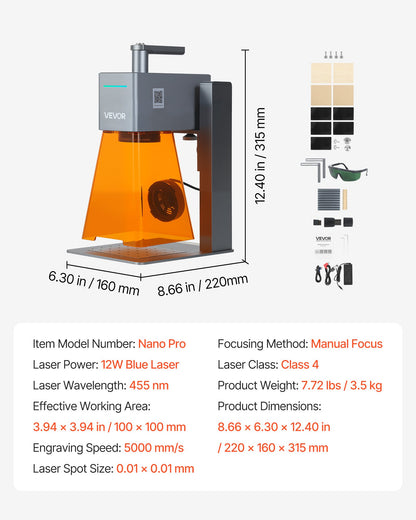 VEVOR Portable Laser Engraver, 5000 mm/s High Speed, 12W Handheld Blue Laser Engraver and Cutter, Engraving Precision 0.01 x 0.01 mm, DIY Engraving Tool, for Wood, Acrylic, Leather, Cloth, Class 4 - BXSZJJGDKJLGJFIYT001V1 - view 8