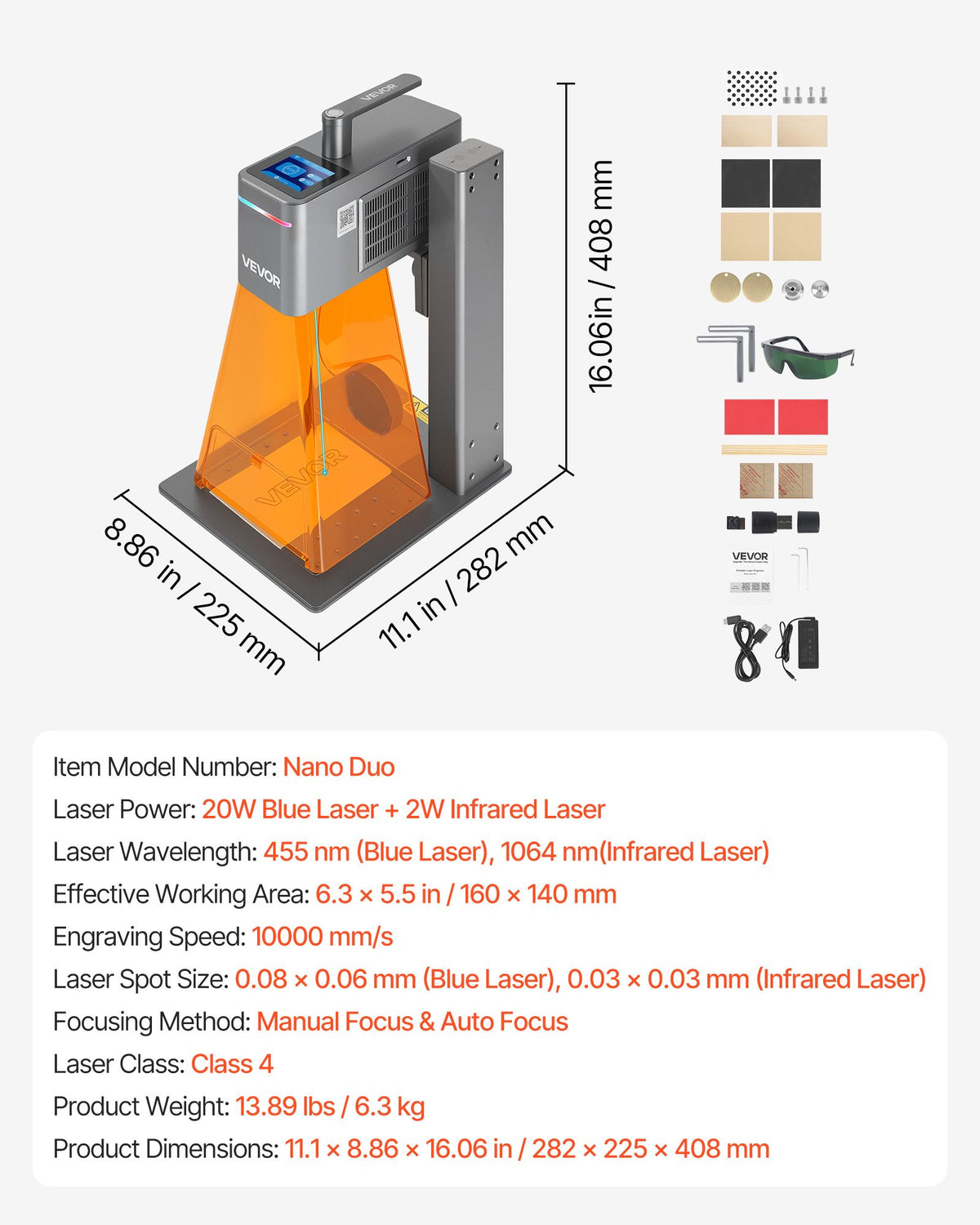 VEVOR 2-in-1 Dual Laser Engraver, 10,000 mm/s High Speed, Portable 20W Blue and 2W IR Laser Engraving Machine, 6.3 x 5.5 in Engraving Area, Manual & Auto Focus, DIY Engraver Tool, for Wood Acrylic - BXSZJJGDKJSG9KWT7001V1 - view 8