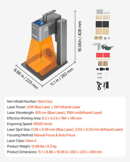 VEVOR 2-in-1 Dual Laser Engraver, 10,000 mm/s High Speed, Portable 20W Blue and 2W IR Laser Engraving Machine, 6.3 x 5.5 in Engraving Area, Manual & Auto Focus, DIY Engraver Tool, for Wood Acrylic - BXSZJJGDKJSG9KWT7001V1 - view 8
