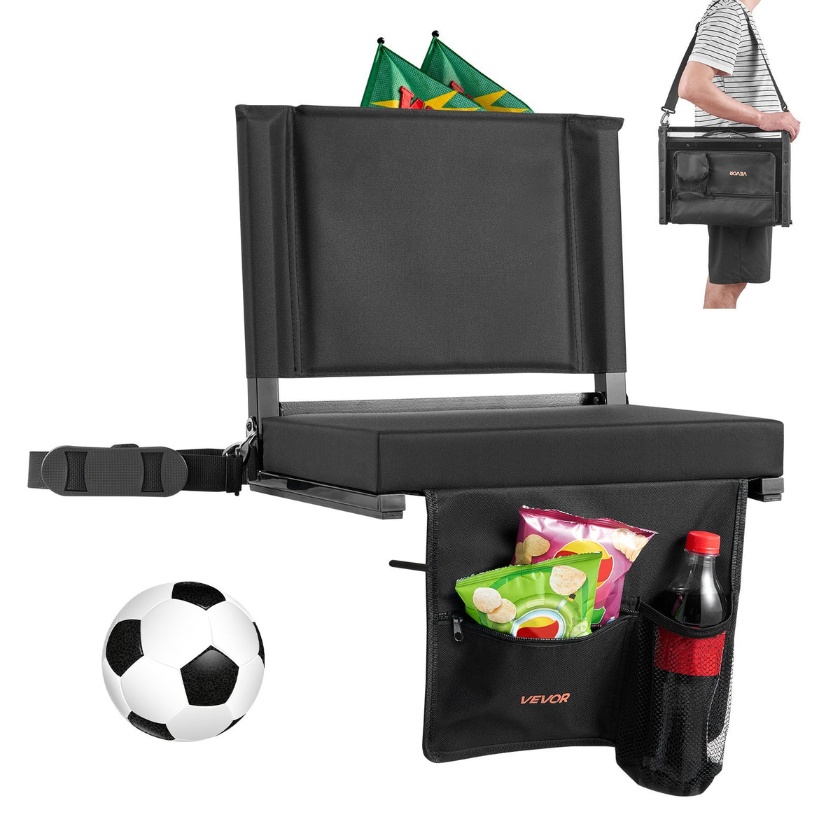 VEVOR Stadium Seat, Folding Bleacher Chair with Back Support and Thick Cushion, Padded Stadium Seat for Bleacher Includes Shoulder Strap, Hooks, Cup Holder, and Side Pocket, Black Bleachers Chair - BXTYGZY1PCSH0W4CN001V0 - view 1