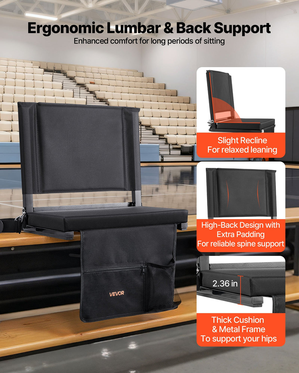 VEVOR Stadium Seat, Folding Bleacher Chair with Back Support and Thick Cushion, Padded Stadium Seat for Bleacher Includes Shoulder Strap, Hooks, Cup Holder, and Side Pocket, Black Bleachers Chair - BXTYGZY1PCSH0W4CN001V0 - view 3