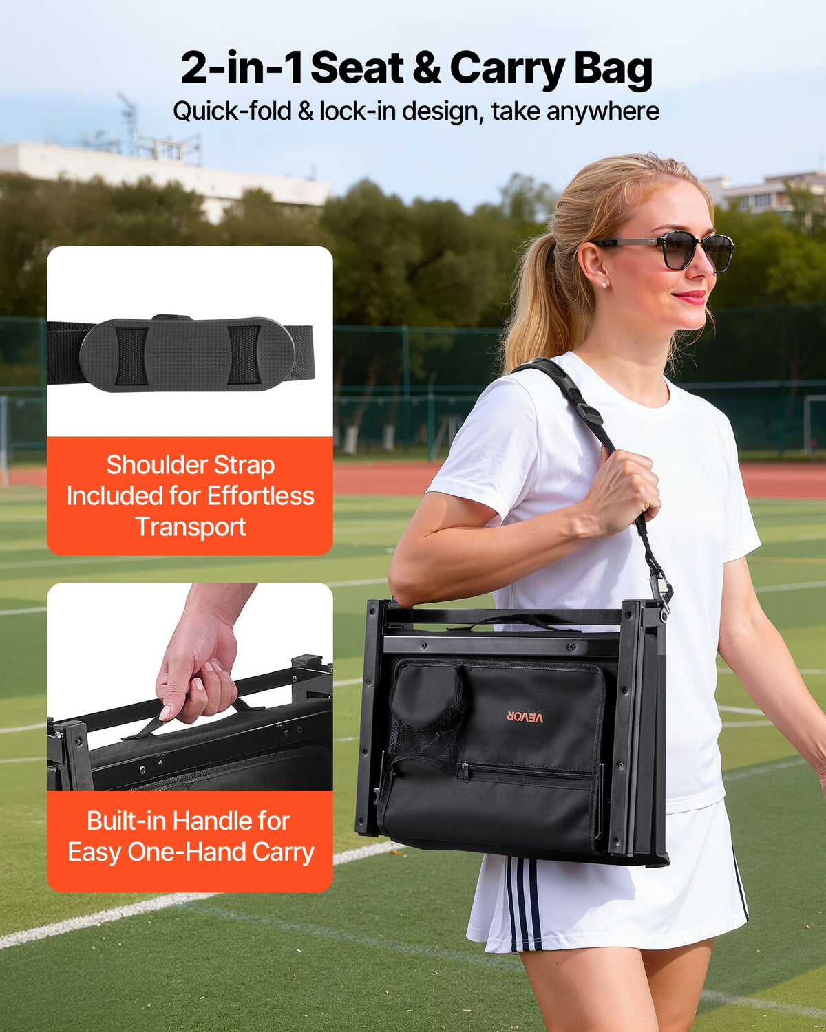 VEVOR Stadium Seat, Folding Bleacher Chair with Back Support and Thick Cushion, Padded Stadium Seat for Bleacher Includes Shoulder Strap, Hooks, Cup Holder, and Side Pocket, Black Bleachers Chair - BXTYGZY1PCSH0W4CN001V0 - view 5