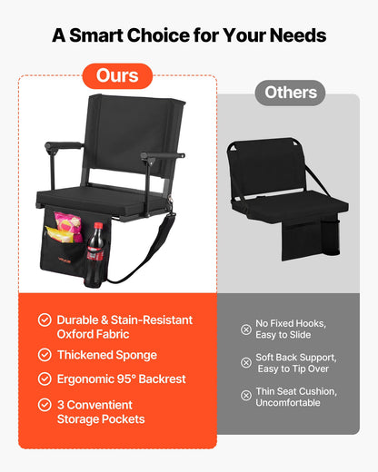 VEVOR Stadium Seat, Portable Bleacher Seat with Armrest, Back Support and Thick Cushion, Bench Chair for Bleacher Includes Shoulder Strap, Hooks, Cup Holder, Black Football Bleachers Seats, 1PCS - BXTYGZY1PCSHW78LT001V0 - view 4