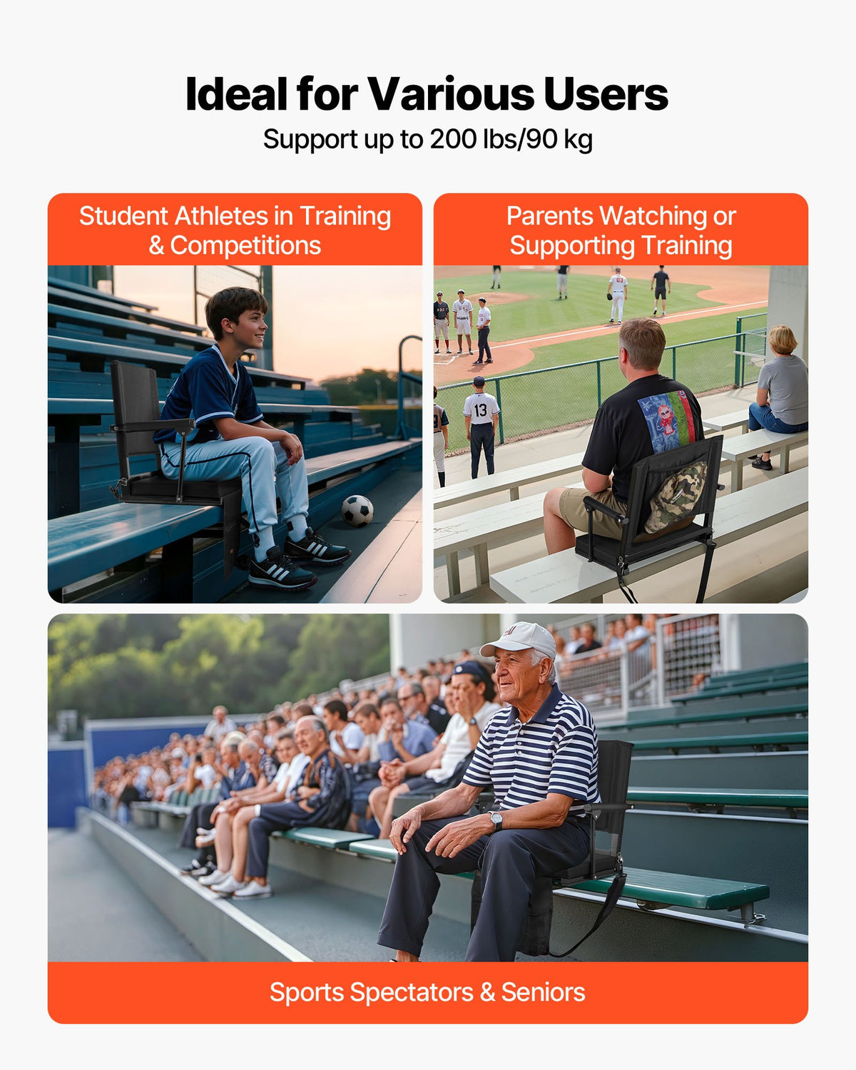 VEVOR Stadium Seat, Portable Bleacher Seat with Armrest, Back Support and Thick Cushion, Bench Chair for Bleacher Includes Shoulder Strap, Hooks, Cup Holder, Black Football Bleachers Seats, 1PCS - BXTYGZY1PCSHW78LT001V0 - view 7