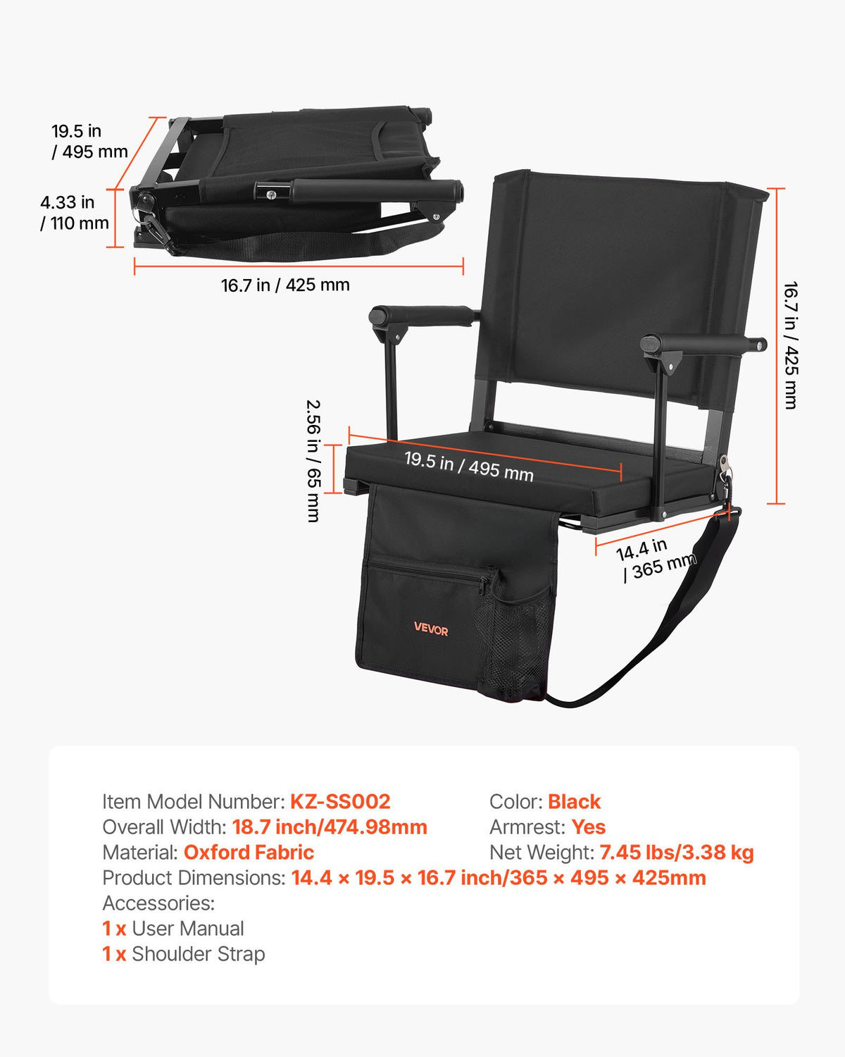 VEVOR Stadium Seat, Portable Bleacher Seat with Armrest, Back Support and Thick Cushion, Bench Chair for Bleacher Includes Shoulder Strap, Hooks, Cup Holder, Black Football Bleachers Seats, 1PCS - BXTYGZY1PCSHW78LT001V0 - view 8