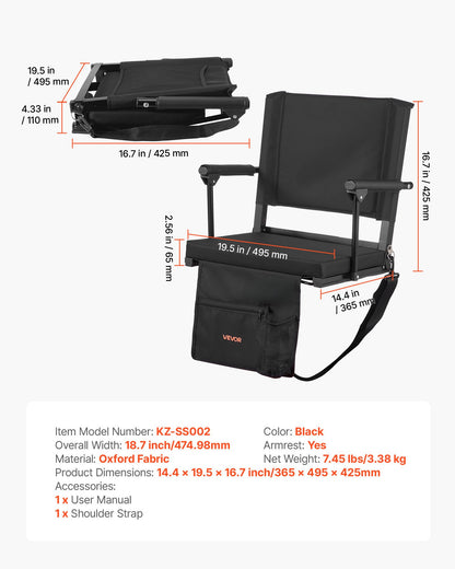 VEVOR Stadium Seat, Portable Bleacher Seat with Armrest, Back Support and Thick Cushion, Bench Chair for Bleacher Includes Shoulder Strap, Hooks, Cup Holder, Black Football Bleachers Seats, 1PCS - BXTYGZY1PCSHW78LT001V0 - view 8