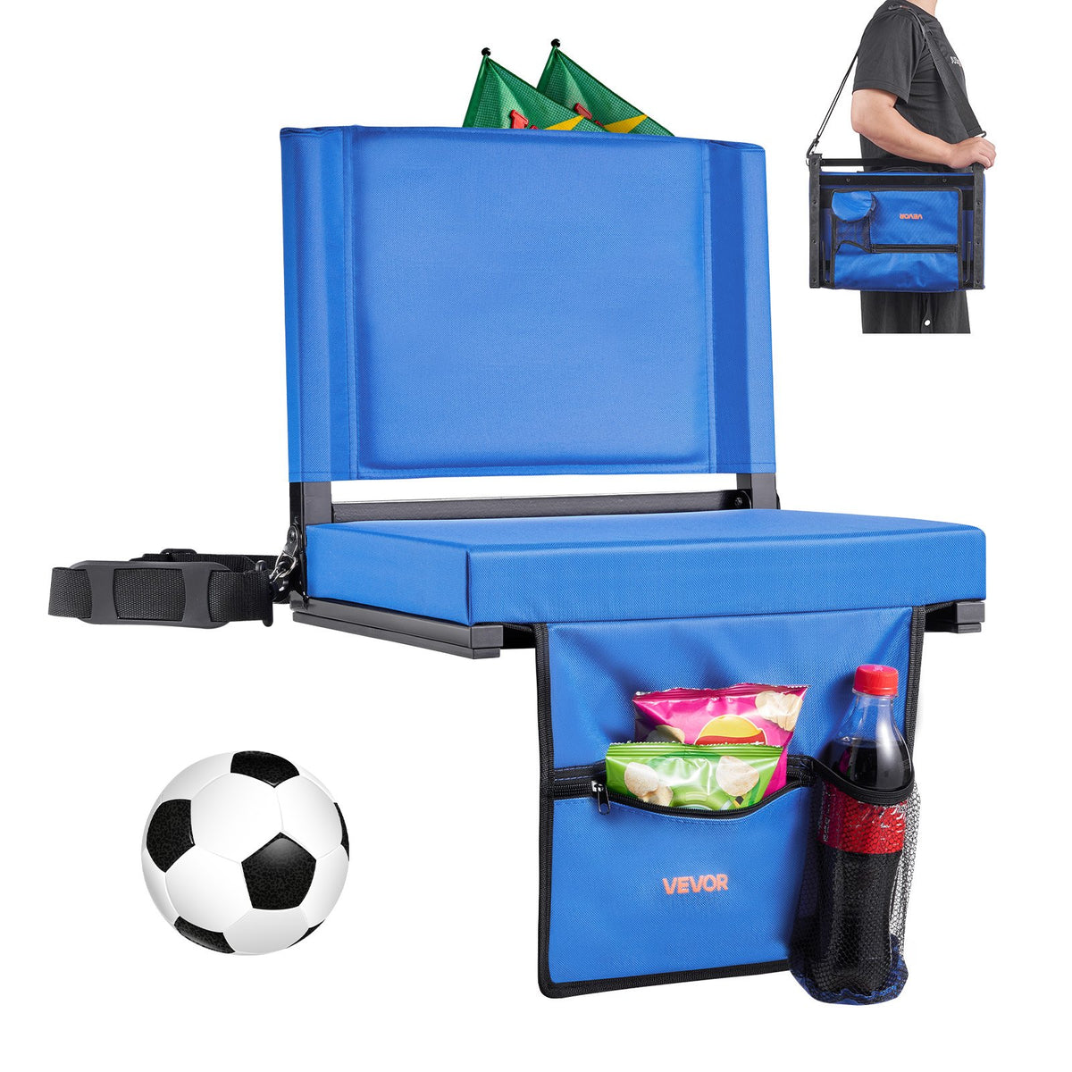 VEVOR Stadium Seat, Folding Bleacher Chair with Back Support and Thick Cushion, Padded Stadium Seat for Bleacher Includes Shoulder Strap, Hooks, Cup Holder, and Side Pocket, Blue Bleachers Chair - BXTYGZY1PCSLUJQUI001V0 - view 1