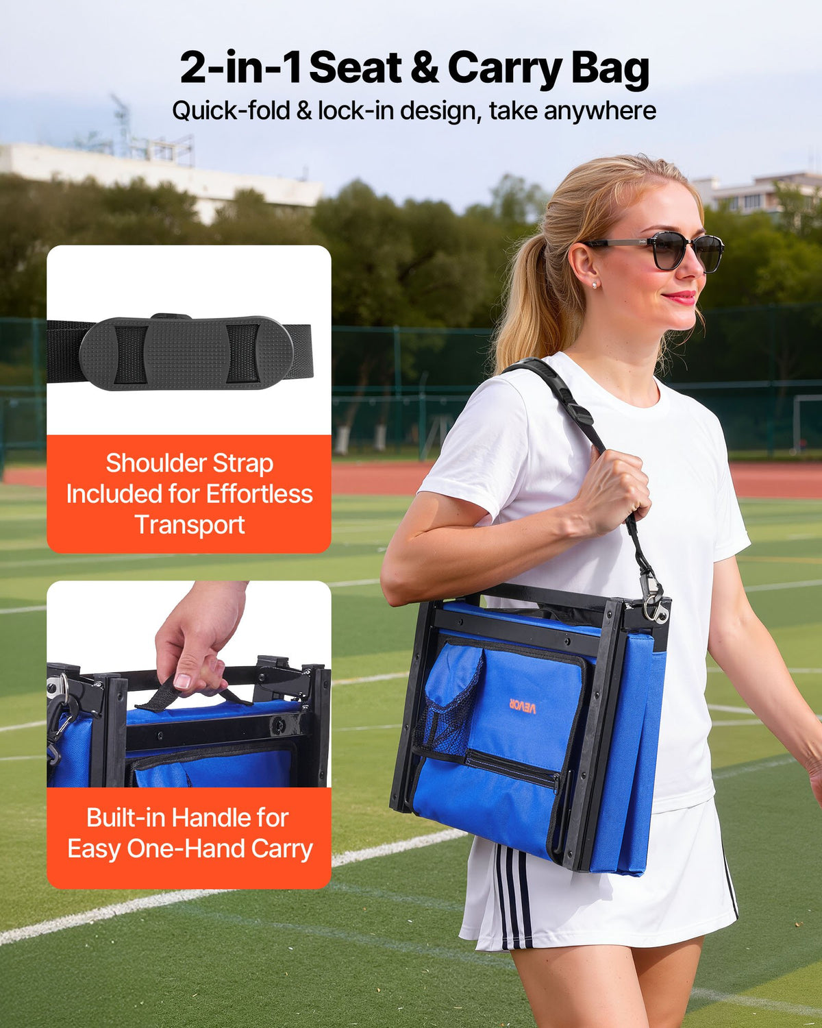 VEVOR Stadium Seat, Folding Bleacher Chair with Back Support and Thick Cushion, Padded Stadium Seat for Bleacher Includes Shoulder Strap, Hooks, Cup Holder, and Side Pocket, Blue Bleachers Chair - BXTYGZY1PCSLUJQUI001V0 - view 5