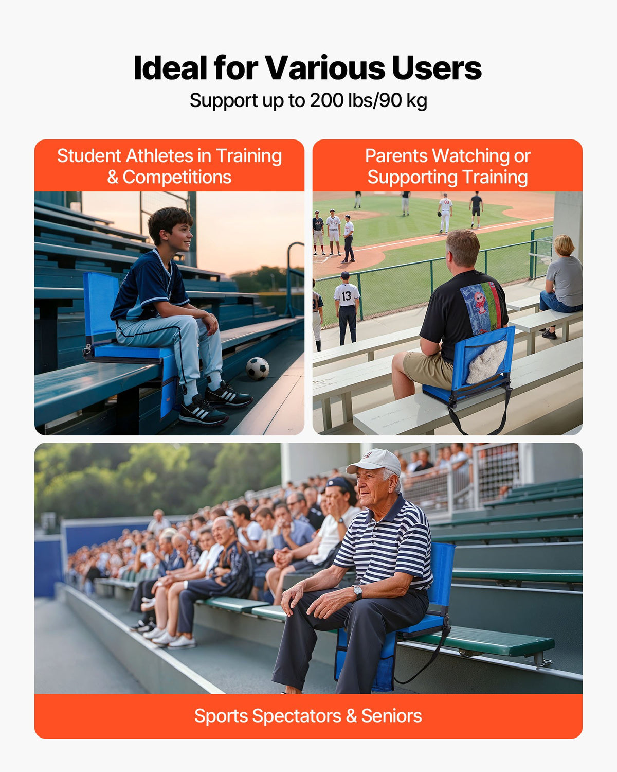 VEVOR Stadium Seat, Folding Bleacher Chair with Back Support and Thick Cushion, Padded Stadium Seat for Bleacher Includes Shoulder Strap, Hooks, Cup Holder, and Side Pocket, Blue Bleachers Chair - BXTYGZY1PCSLUJQUI001V0 - view 7