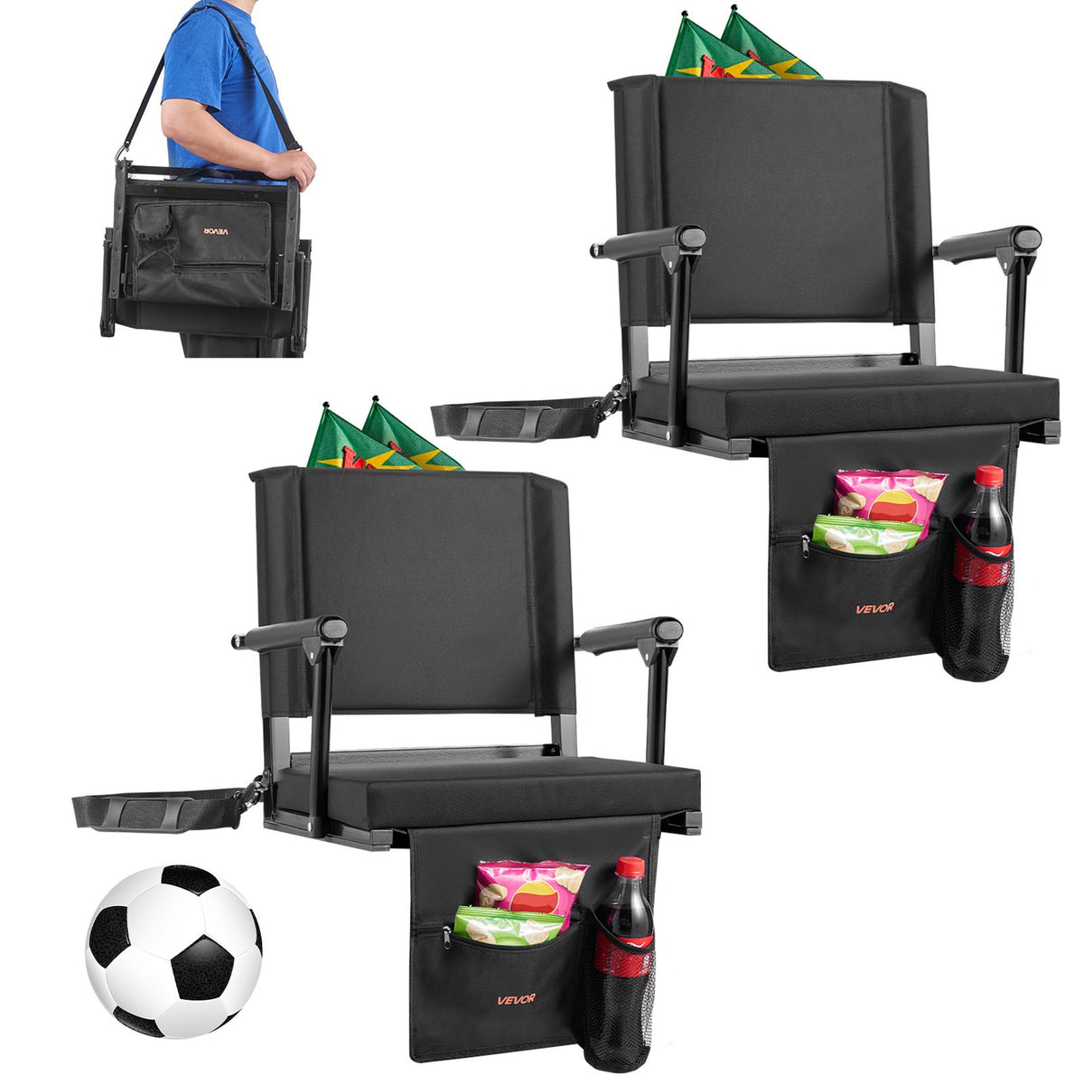 VEVOR Stadium Seat, Portable Bleacher Seat with Armrest, Back Support and Thick Cushion, Bench Chair for Bleacher Includes Shoulder Strap, Hooks, Cup Holder, Black Football Bleachers Seats, 2PCS - BXTYGZY2PCSHPADLQ001V0 - view 1