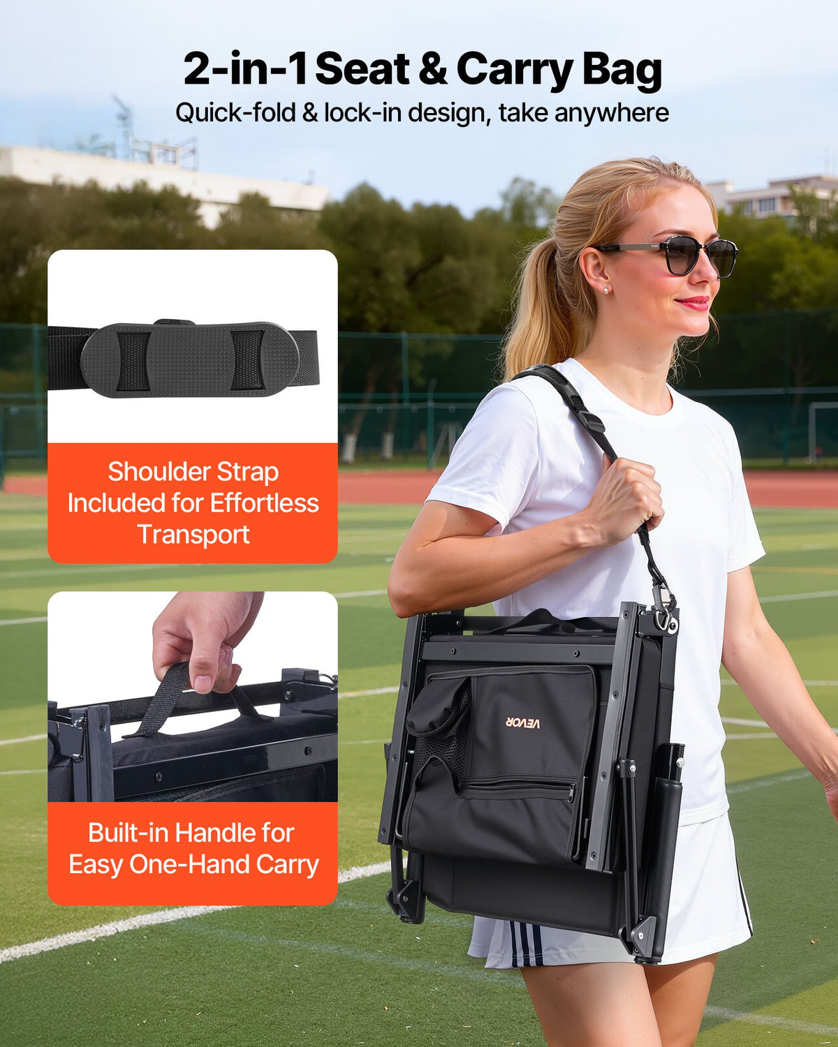 VEVOR Stadium Seat, Portable Bleacher Seat with Armrest, Back Support and Thick Cushion, Bench Chair for Bleacher Includes Shoulder Strap, Hooks, Cup Holder, Black Football Bleachers Seats, 2PCS - BXTYGZY2PCSHPADLQ001V0 - view 5