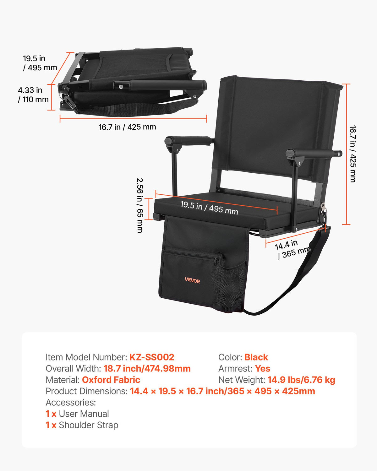 VEVOR Stadium Seat, Portable Bleacher Seat with Armrest, Back Support and Thick Cushion, Bench Chair for Bleacher Includes Shoulder Strap, Hooks, Cup Holder, Black Football Bleachers Seats, 2PCS - BXTYGZY2PCSHPADLQ001V0 - view 8