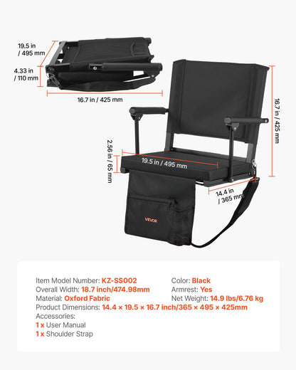 VEVOR Stadium Seat, Portable Bleacher Seat with Armrest, Back Support and Thick Cushion, Bench Chair for Bleacher Includes Shoulder Strap, Hooks, Cup Holder, Black Football Bleachers Seats, 2PCS - BXTYGZY2PCSHPADLQ001V0 - view 8