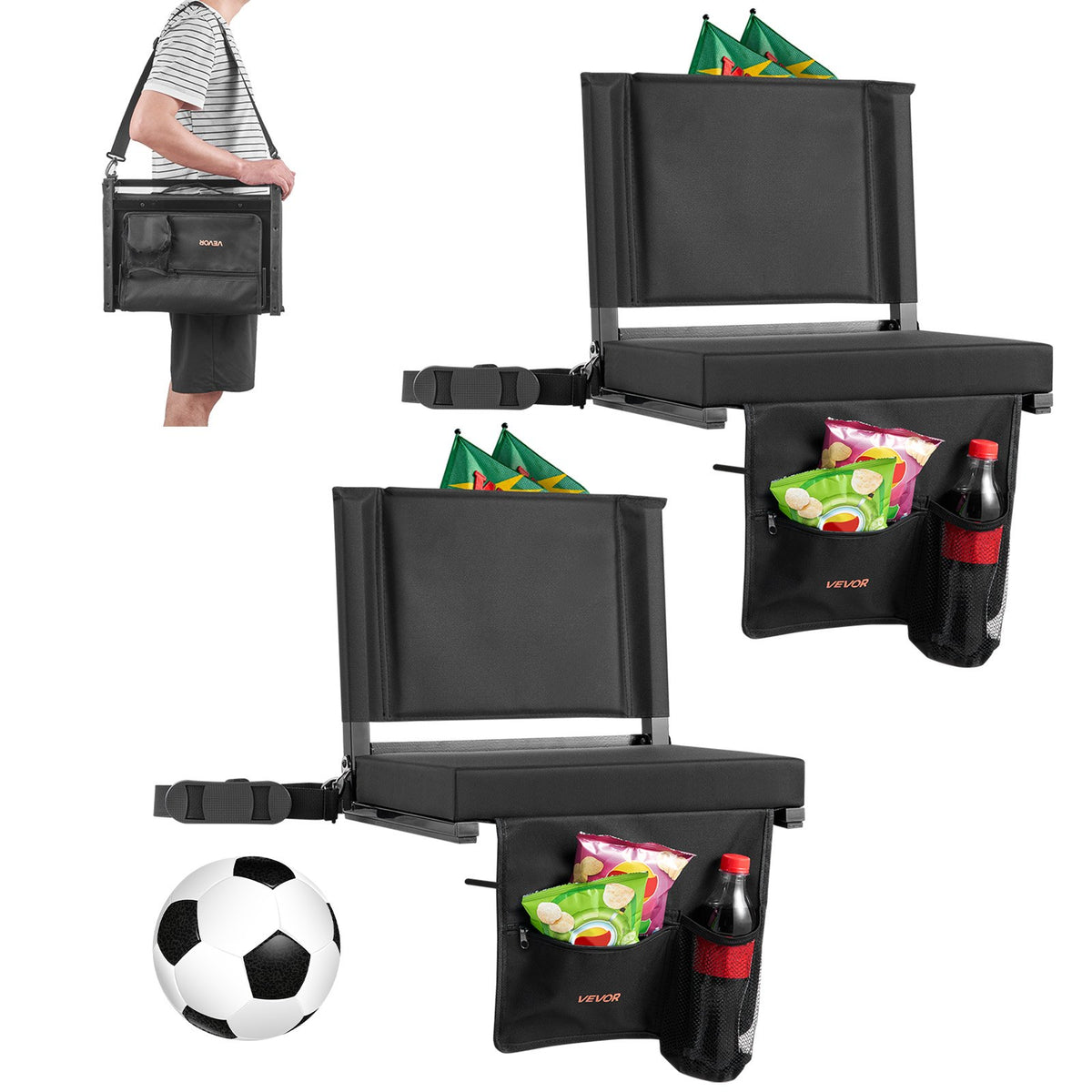 VEVOR Stadium Seat, Folding Bleacher Seat with Back Support and Thick Cushion, Padded Stadium Seats for Bleacher Includes Shoulder Strap, Hooks, Cup Holder, and Side Pocket, Black Bleachers Chair - BXTYGZY2PCSHT1TWM001V0 - view 1