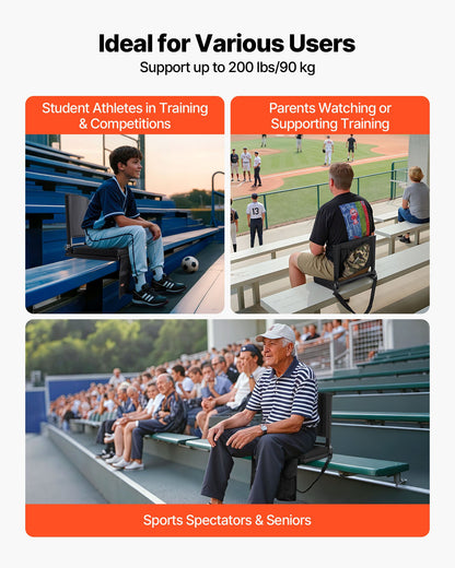 VEVOR Stadium Seat, Folding Bleacher Seat with Back Support and Thick Cushion, Padded Stadium Seats for Bleacher Includes Shoulder Strap, Hooks, Cup Holder, and Side Pocket, Black Bleachers Chair - BXTYGZY2PCSHT1TWM001V0 - view 7