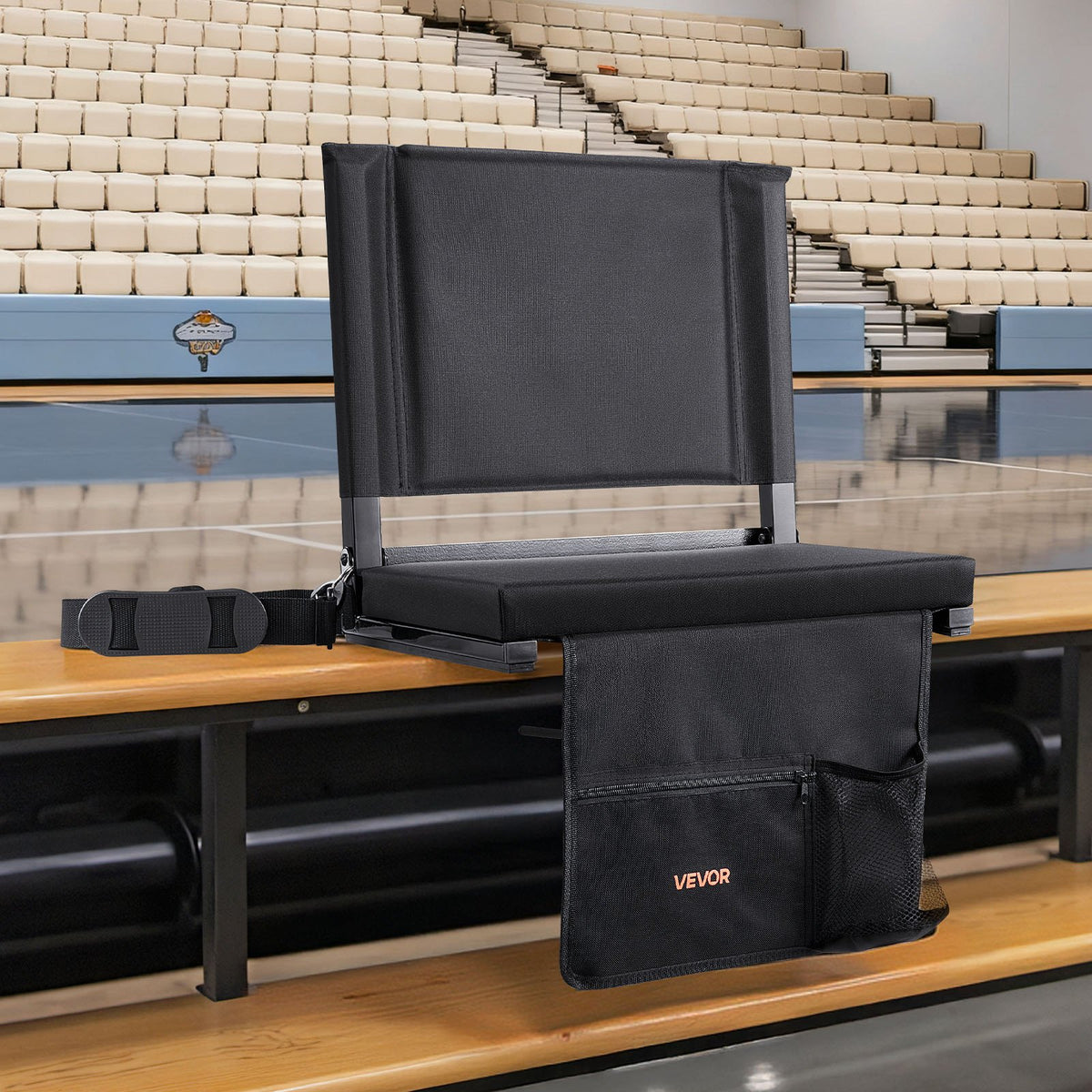 VEVOR Stadium Seat, Folding Bleacher Seat with Back Support and Thick Cushion, Padded Stadium Seats for Bleacher Includes Shoulder Strap, Hooks, Cup Holder, and Side Pocket, Black Bleachers Chair - BXTYGZY2PCSHT1TWM001V0 - view 9