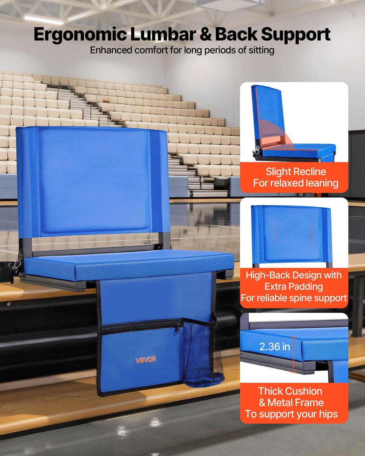 VEVOR Stadium Seat, Folding Bleacher Seat with Back Support & Thick Cushion, Padded Stadium Seats for Bleacher Includes Shoulder Strap, Hooks, Cup Holder, and Side Pocket, Blue Bleachers Chair - BXTYGZY2PCSLV1MCQ001V0 - view 3
