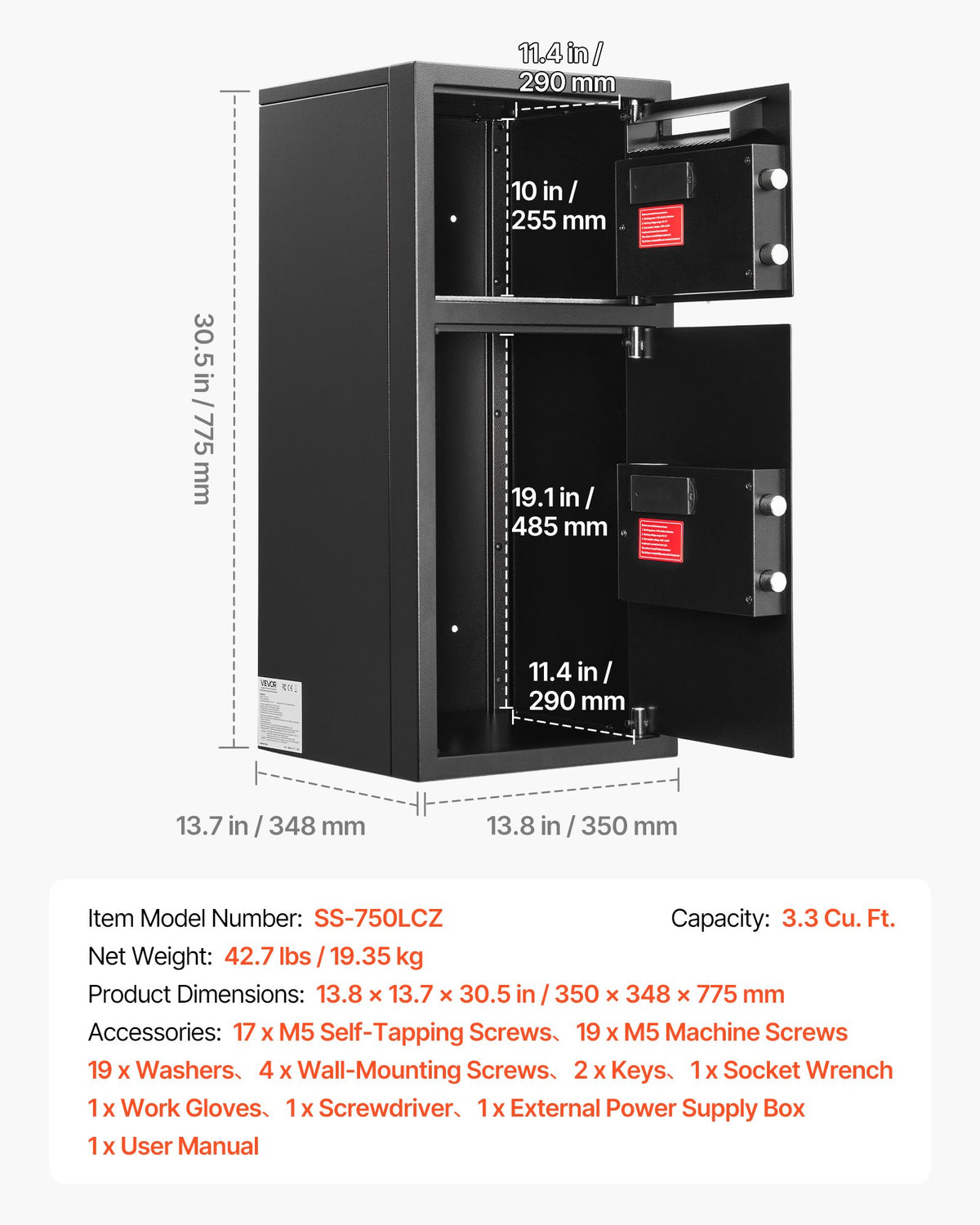 VEVOR Double Door Safe Box, 3.3 Cu. Ft, Heavy Duty Home Safe with Electronic Keypad, Anti-Theft, Digital Safety Lock Box with Key, Drop Slot, for Money, Firearm, Jewelry, Document, Valuables, Black - BXXCZ75CUFTL8RMMY001V9 - view 8