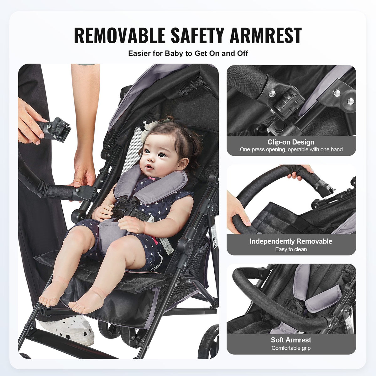 VEVOR Lightweight Stroller, Compact Easy Fold MultiPosition Recline Canopy Backrest, Carbon Steel Frame, Large Storage Basket,Cup Holder, Umbrella Toddler Baby Stroller for Travel, Light Gray/Black - BXYETCQHHSMB1OLQAV0 - view 4