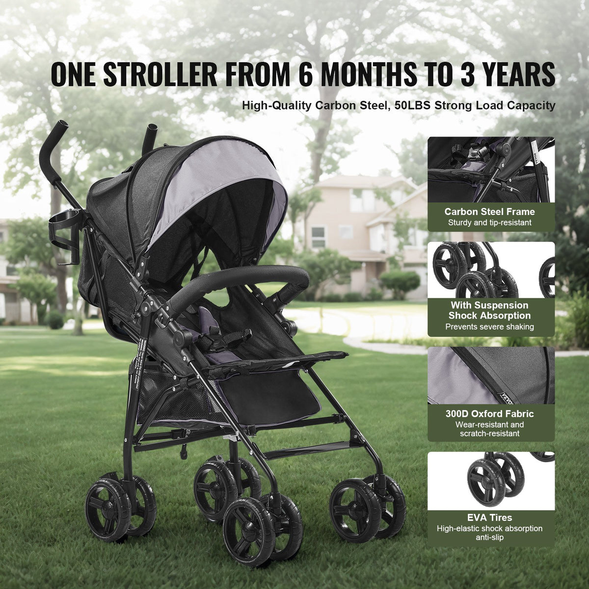 VEVOR Lightweight Stroller, Compact Easy Fold MultiPosition Recline Canopy Backrest, Carbon Steel Frame, Large Storage Basket,Cup Holder, Umbrella Toddler Baby Stroller for Travel, Light Gray/Black - BXYETCQHHSMB1OLQAV0 - view 5