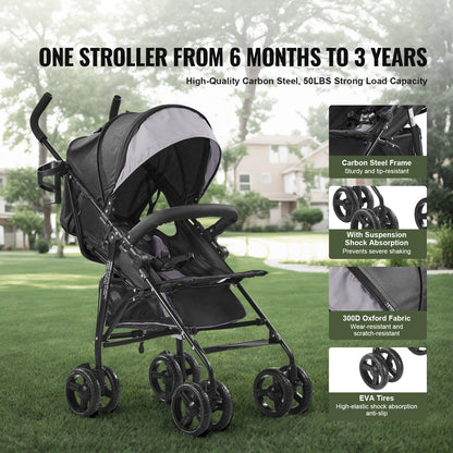 VEVOR Lightweight Stroller, Compact Easy Fold MultiPosition Recline Canopy Backrest, Carbon Steel Frame, Large Storage Basket,Cup Holder, Umbrella Toddler Baby Stroller for Travel, Light Gray/Black - BXYETCQHHSMB1OLQAV0 - view 5