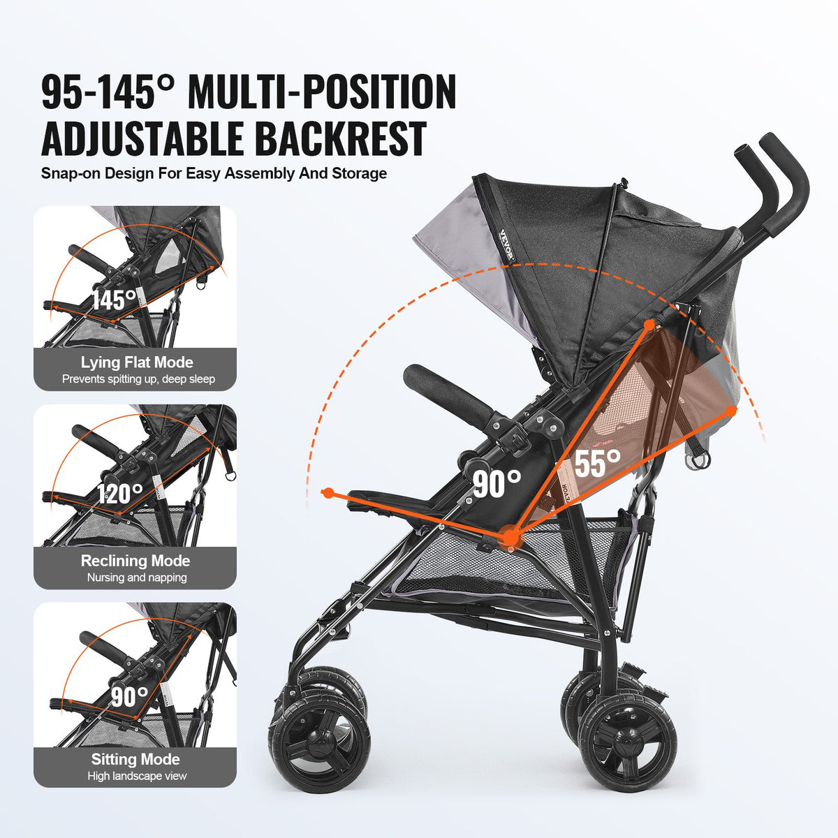 VEVOR Lightweight Stroller, Compact Easy Fold MultiPosition Recline Canopy Backrest, Carbon Steel Frame, Large Storage Basket,Cup Holder, Umbrella Toddler Baby Stroller for Travel, Light Gray/Black - BXYETCQHHSMB1OLQAV0 - view 7